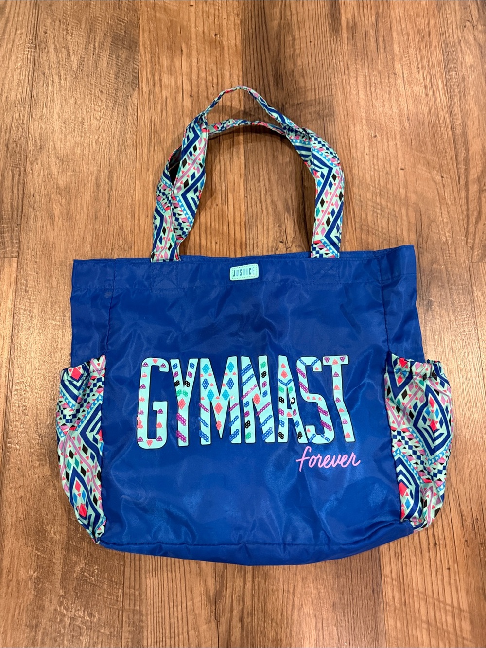 Justice Blue Gymnast Tote with Multicolor Patterned Straps